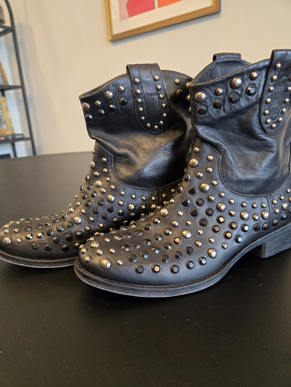 Strategia Made in Italy Black Leather Studded Slouch Boots EU 37 (US 6.5-7) - Picture 7 of 10